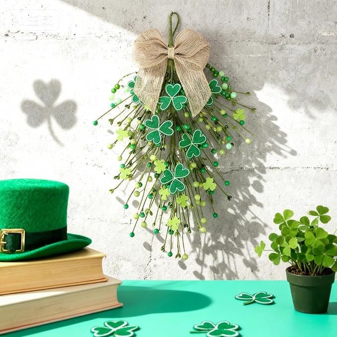 2 PCS St.Patrick's Day Swag Wreath for Front Door St. Patricks Day Teardrop Swags Artificial Felt Shamrock Kitchen Cabinet Swags Wreaths with Green Irish Clover Hanging Decor for Home Wall Window