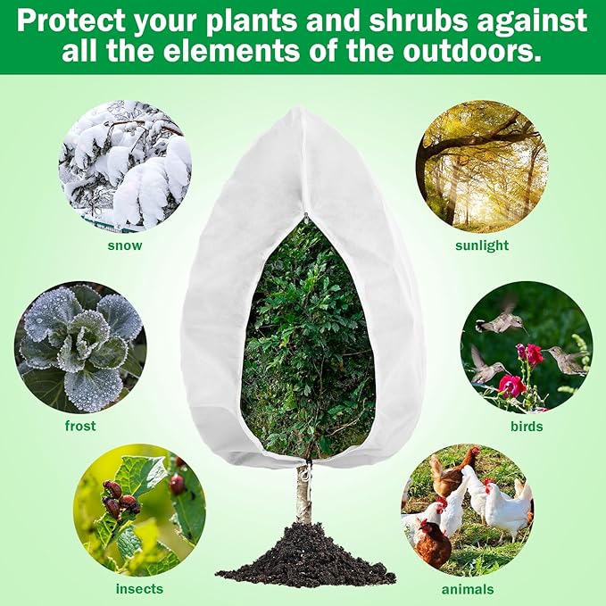 Vincreem 1 Pcs 10 x 10 ft Plant Covers Freeze Protection Extra Large Frost Cloth Plant Covers with Zipper Drawstring Winter Cold Weather Frost Blankets for Outdoor Palm Fruit Tree and Shrubs (White)