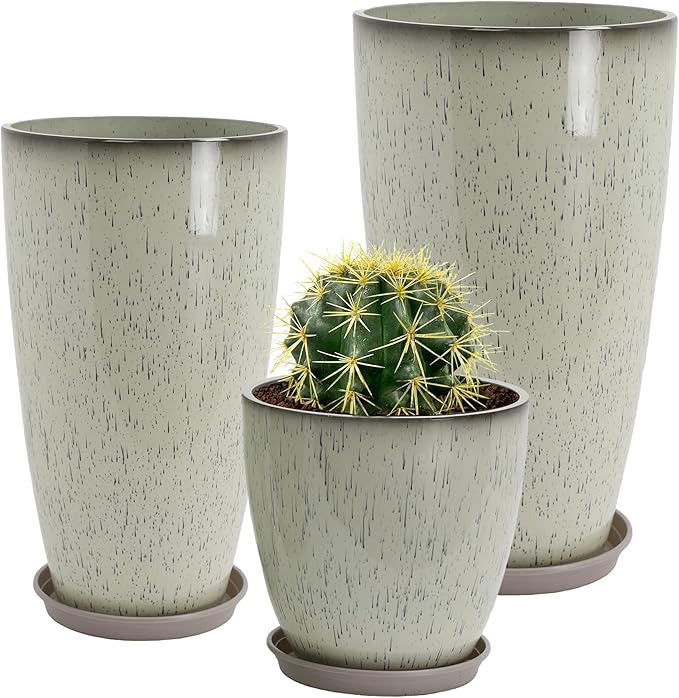 Neoaider 24/21/12 Inch Large Plastic Planter, Lightweight Ceramic-Look Tall Planters with Drain Hole & Saucers, Tall Plastic Planters for Porch, Garden, Patio, Balcony(Glaze Beige)
