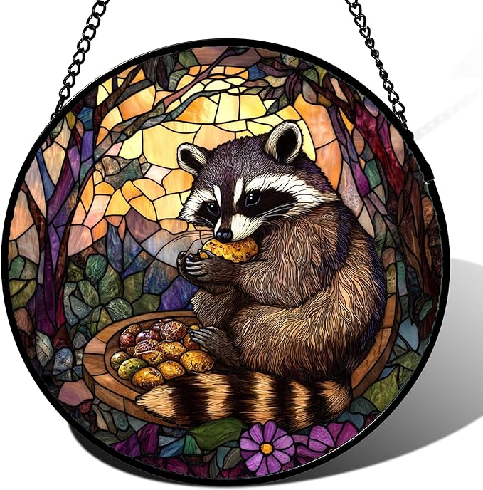 Stained Glass Window Hanging Brown Raccoon Forest Scenery Large 15" - Suncatcher Door Garden Sunroom Sun Catcher Home Decor Birthday Christmas for Mom Men Woman Nana