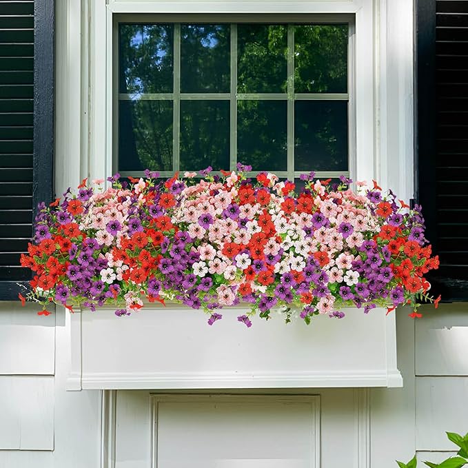Artificial Flowers for Outdoors UV Resistant, Realistic Fake Silk Flowers Outside Weather Resistant Faux Plants for Window Box, Planters, Porch Decor-12 Bundles,Colorful