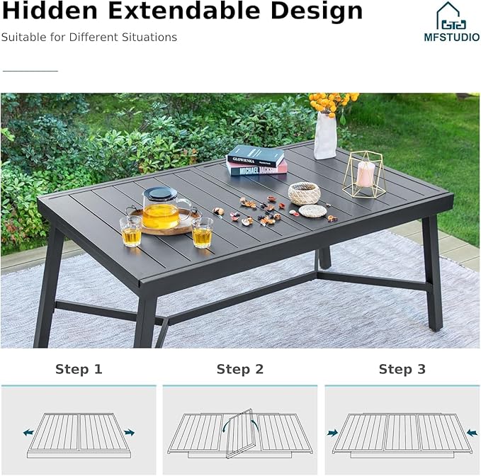 MFSTUDIO Patio Table and Chairs Set, 7 Pieces Outdoor Dining Set with 6 Patio Dining Chairs and 1 Heavy Duty Metal Expandable Table for 6, All Weather Resistant Patio Dining Furniture, Grey