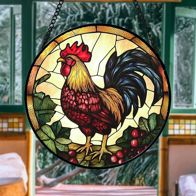 AMDERVEN Stained Glass Window Hanging, Colorful Big Cock Sun Catcher for Window Door Home Decor, Chicken Suncatcher Christmas Mother's Day Birthday Gifts for Women Men Mom and Nana 15 in