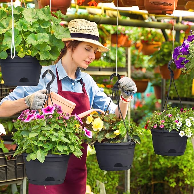 Roshtia 20 Pcs 10 Inch Hanging Baskets for Plants Large Plastic Hanging Basket Pots with Drainage Trays Self Watering Planter Pots for Outdoor Indoor Plants Flowers Garden Balcony (Black)