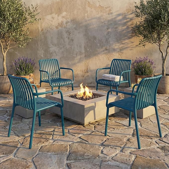 4 x Outdoor Stackable Dining Chair, All-Weather Plastic Patio Chair, Pool Side Chair, Modern Slatted Design for Balcony, Garden, Backyard, Indoor & Outdoor Use (Armrest, Teal Blue)