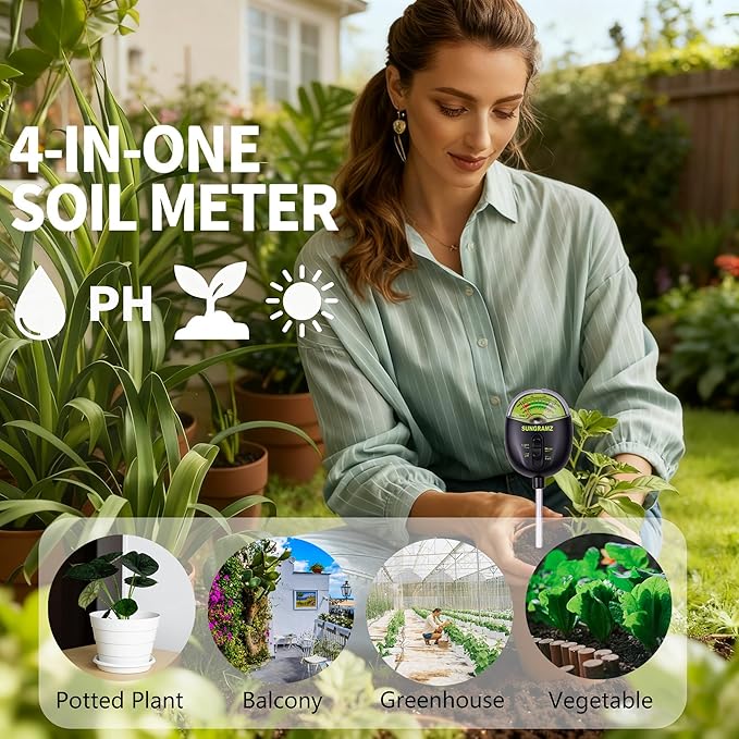 Sungramz Soil Moisture Meter for Plants, 4-in-1 Moisture/pH/Fertility/Sunlight Dial Display, pH Soil Tester for Garden, Lawn, Farm, Indoor & Outdoor Use, No Battery Required, Black