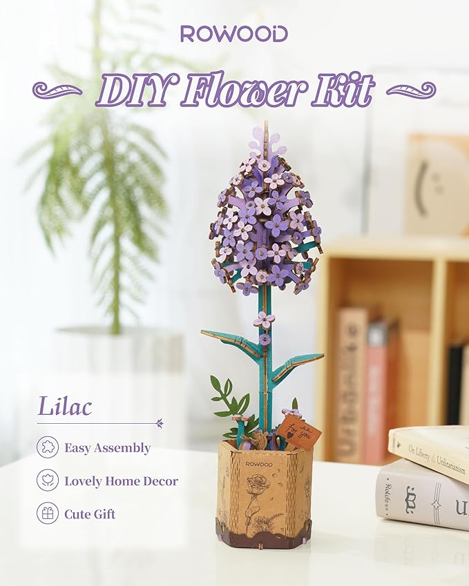 rowood 3D Puzzles for Adults,Wooden Artifical Flower Craft Kit,DIY Botanical Collection Building Toy Set,Mother's Day/Valentine's Day/Thanksgiving Day/Christmas/Birthday Gift -Lilac