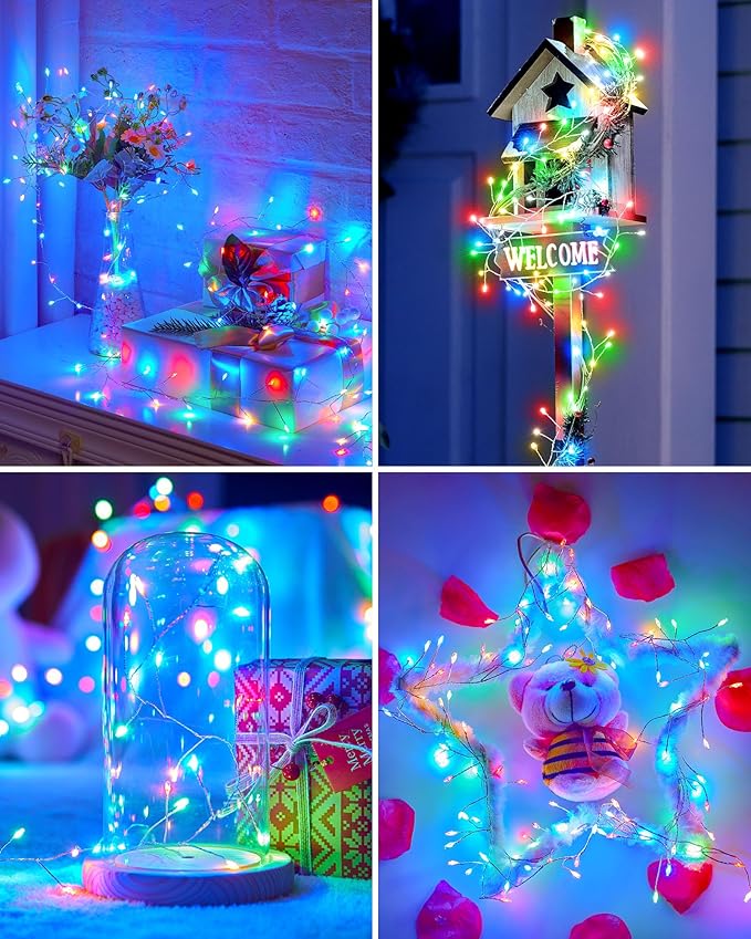 2Pack Battery Operated Fairy Lights, 10 Ft 120LEDs Firecracker String Lights Waterproof Silver Wire Starry Firefly Light for DIY Wreath Home Weeding Indoor Outdoor Christmas Decorations, Multicolor