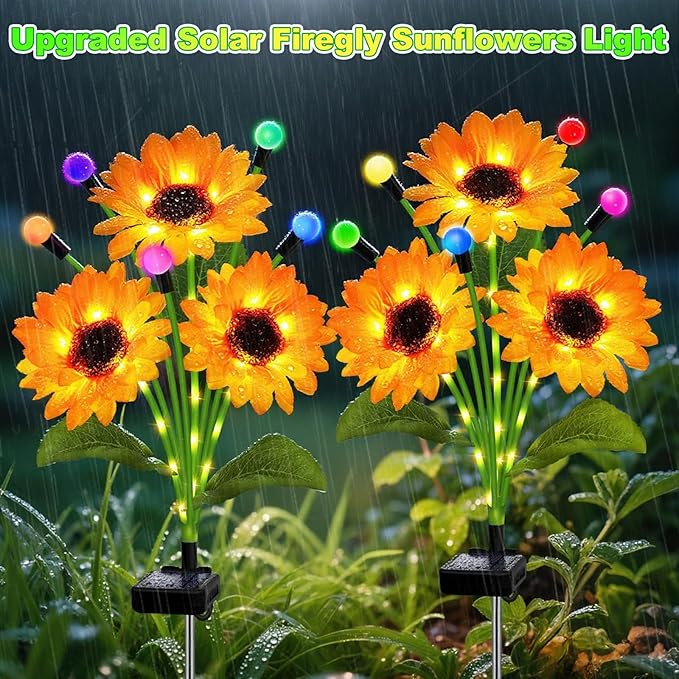 Solar Garden Lights-2 Pack Solar Sunflowers with Multicolor Changing Swaying Firefly Lights,Christmas Birthday Gifts for Mom Women,Waterproof Firefly Sunflower Light for Outdoor Patio Yard Decor