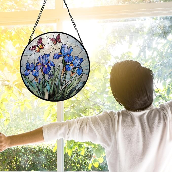 Stained Glass Window Hanging, Blue Iris Flowers Butterfly Suncatcher Diamond Colorful Glass Panel Sun Catchers Decor for Birthday for Women, Men, Wife, Aunt, and Mom 7.8 in