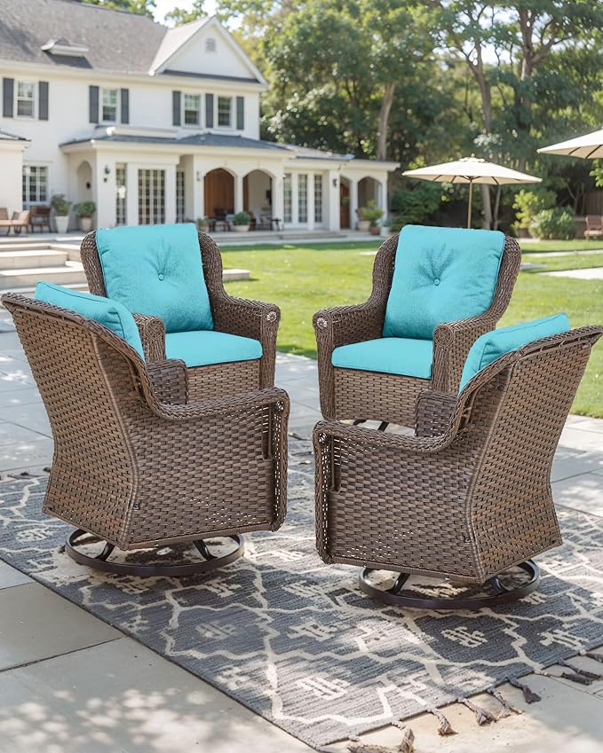 Patio Chairs Outdoor Swivel Glider - Set of 4 High Back Outside Brown Wicker Rattan Rocking Chair with Thick Cushion for Porch Apartment Deck Yard Poolside Garden - Turquoise