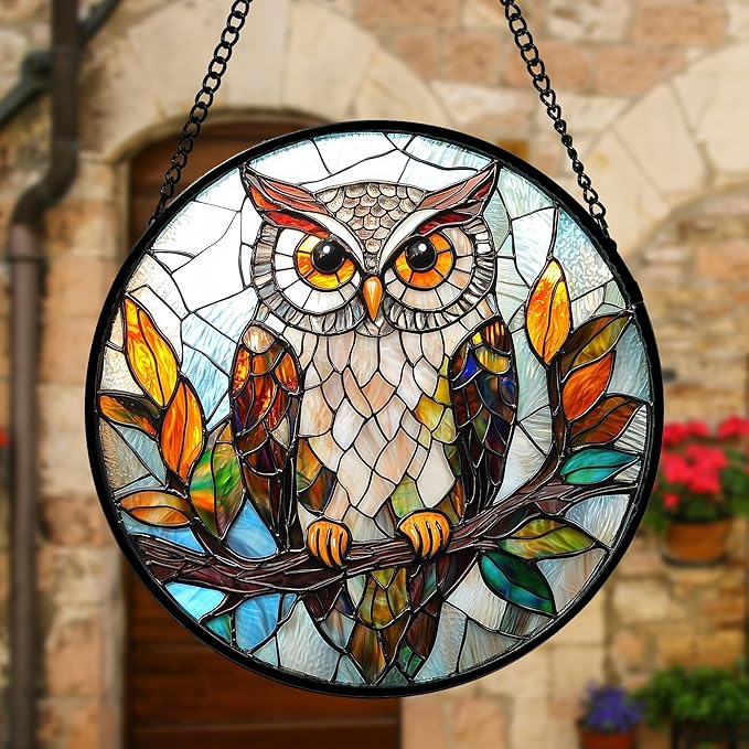 DASTOLL Stained Glass Window Hanging, Owl Colorful Leaves Birds Sun Catchers Diamond Glass Panel Hangings Suncatcher Decor for Birthday for Women, Men, Wife, Aunt, and Mom 9.8 in