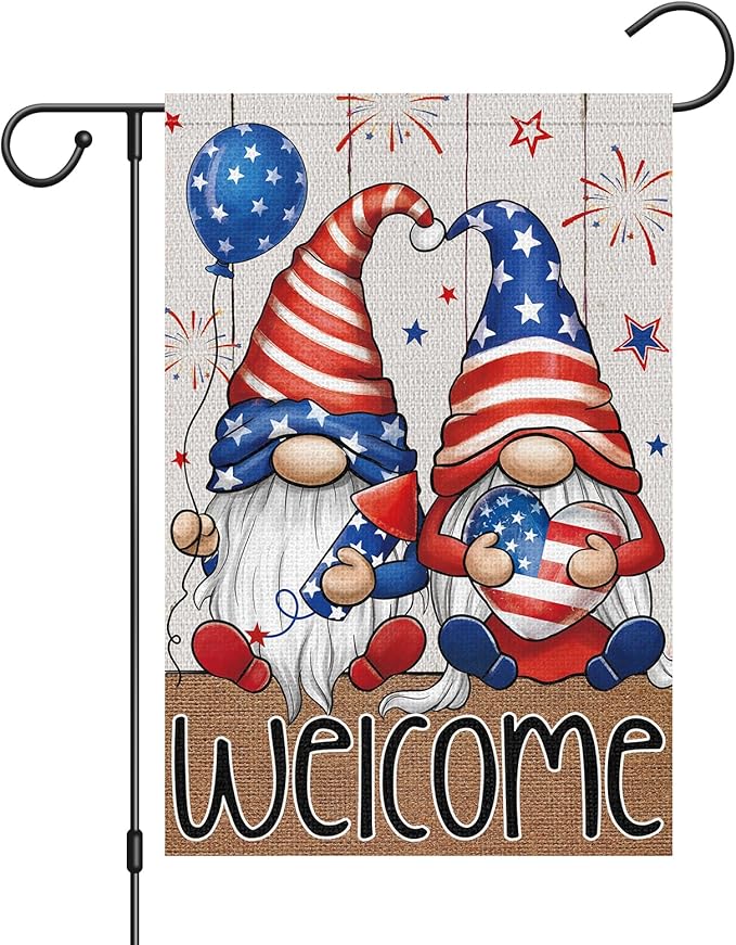 4th of July Garden Flag 12x18 Double Sided Vertical Small Burlap Welcome Patriotic Gnome Independence Day Memorial Day Yard Outdoor Decoration
