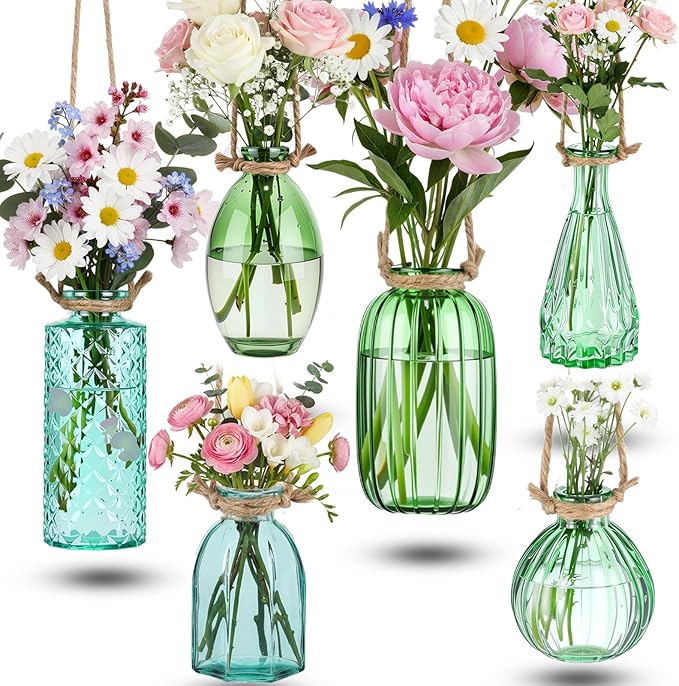 Teecyhooo 6 Pcs Stained Glass Hanging Vases Colorful Glass Terrariums with Rope Small Hanging Planters Pot Containers for Air Plants Flowers Garden Home Wedding Decor(Green Series)