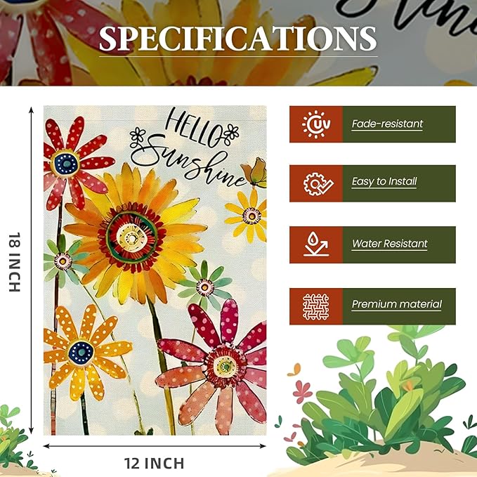 Spring Flowers Garden Flag 12x18 Inch Double Sided,Hello Sunshine Sunflower Daisy Small Yard Flags for Outdoor,Summer Seasonal Decoration for Farmhouse Holiday Outside