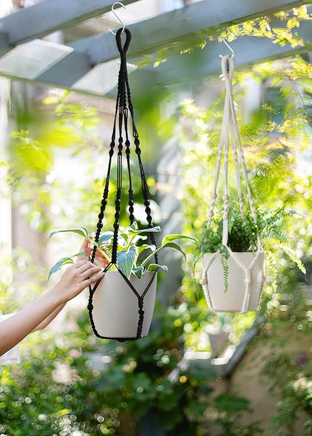 BlueMake Macrame Plant Hanger Indoor Hanging with Wood Beads Macrame Planters No Tassel for Indoor Outdoor Boho Home Decor 35 Inch (Black,1pc)