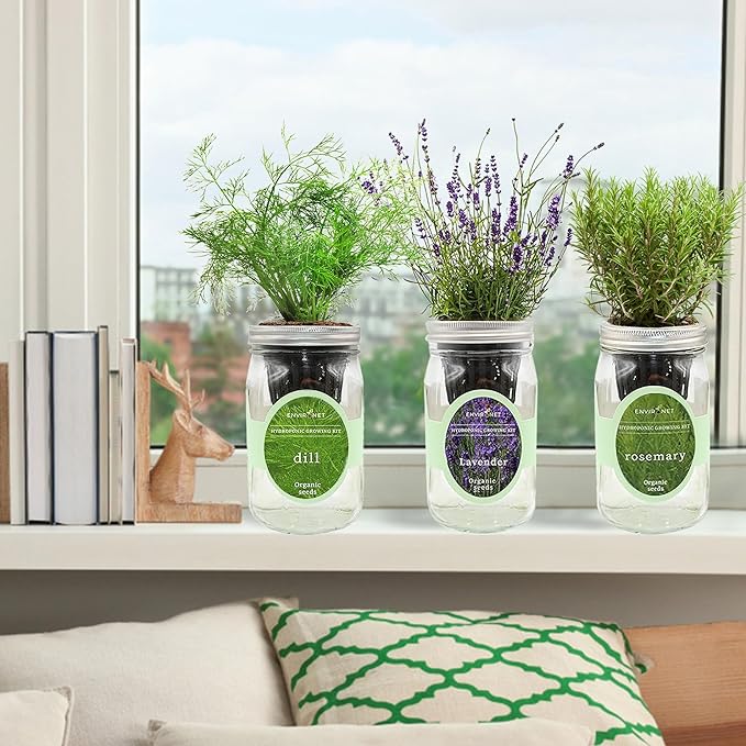 Environet Hydroponic Herb Growing Kit Set, Self-Watering Mason Jar Herb Garden Starter Kit Indoor, New Christmas Gift for Mom (Dill, Lavender & Rosemary)
