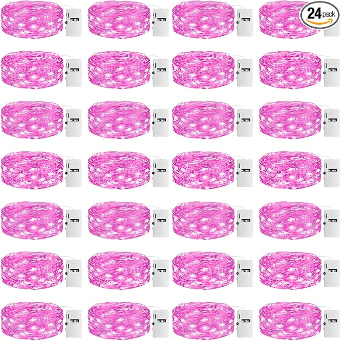 24 Pack Fairy Lights with Timer Battery Operated, 3 Modes 7ft Mini Twinkle Lights Waterproof, 20 LED Bulk String Light for Mason Jars Christmas Decoration Wedding Table Centerpieces,Pink