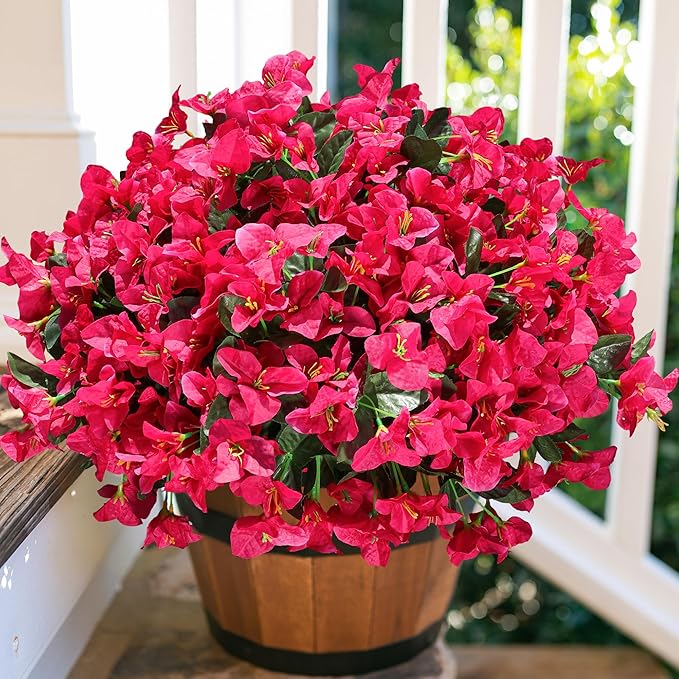 Ivydale Artificial Flowers for Outdoors Spring Summer Decor, 4 Bundles Fake Bougainvillea Silk Flowers for Outside Faux Outdoor Plants UV Resistant Realistic for Planter Patio Porch Balcony, Hotpink