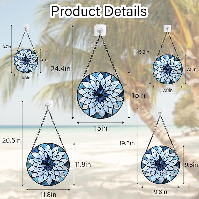 AMDERVEN Stained Glass Suncatcher, Blue White Multi-Petal Flowers Sun Catcher Landscape Stain Glass Window Hanging Decoration Mother's Day Birthday Gifts for Women Men Mom Nana 9.8 in