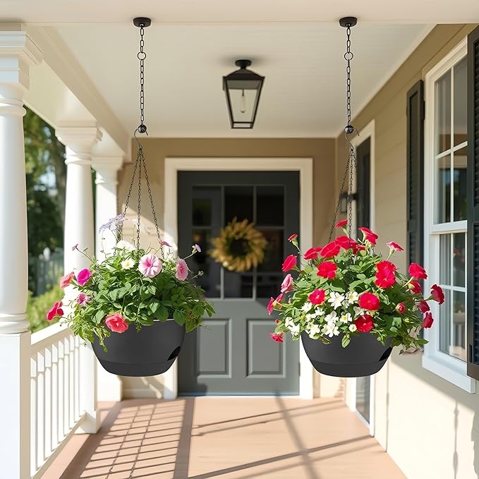 zople 2 Pack 12 Inch Large Hanging Planters with Chains Self Watering Black Plastic Hanging Pots for Indoor Outdoor Plants, Garden Porch Home Decor，Black