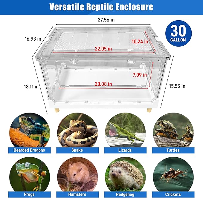 Foldable Reptile Terrarium, 30 Gallon Bearded Dragon Tank Fully Transparent Reptile Enclosure, 28"x17"x16" Front Opening Snake Enclosure Cages with Metal Mesh Roof for Lizard Gecko Spider Turtles