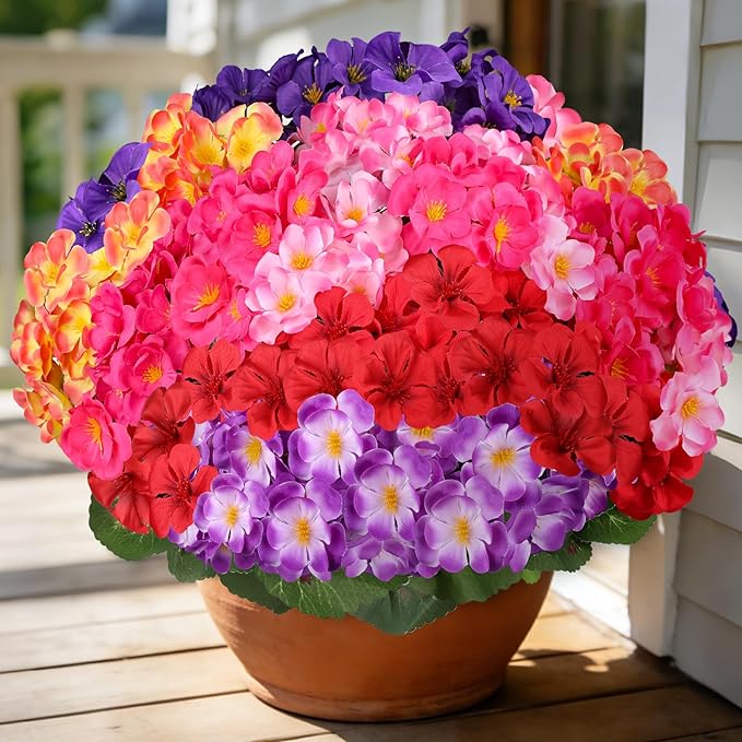 Artificial Geraniums Flowers for Outdoors, 6 Bundles Realistic Silk Fake Geranium, No Fade Faux Plants for Hanging Baskets, Window Boxes, Pots - Porch, Patio, Garden Decor(6 Color)