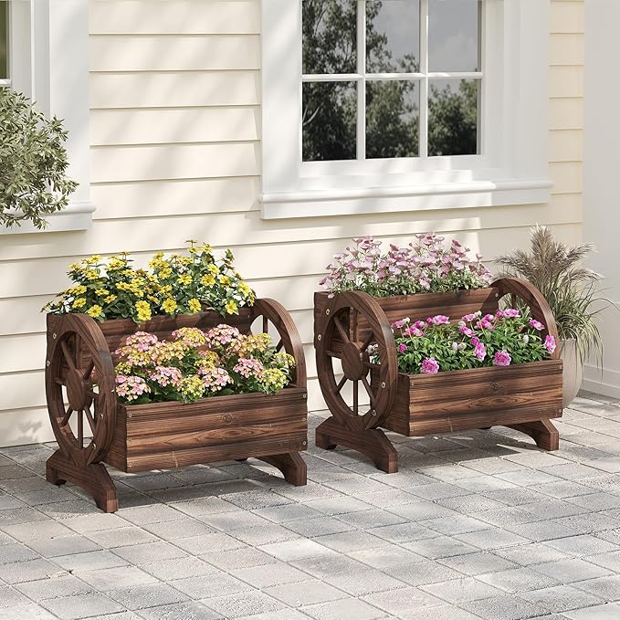 Wooden Wagon Planter Box, Standing Garden Planter, Decorative Outdoor Container