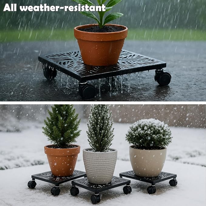 2-pack 12 Inches Square Metal Plant Caddy with Wheels Heavy Duty Large Rolling Plant Stand Indoor Outdoor Wheeled Planter Dolly Cart with Lockable Casters Flower Pot Mover Roller Trolley, Black
