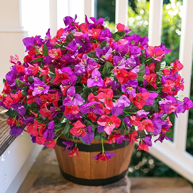 Artificial Fake Flowers for Outdoors Bougainvillea Spring Summer Outside Decor, 4 Bundles Realistic Silk Flower Plants UV Resistant Faux Flowers for Outdoor Planters Patio Porch Window Garden Home