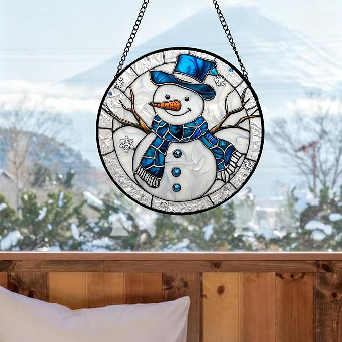DASTOLL Stained Glass Window Hanging Christmas Snowman Blue White Large 11.8" - Suncatcher Door Garden Sun Catcher Home Decor Birthday Mother's Day Xmas Gift for Mom Men Woman Her Nana Parents Girl
