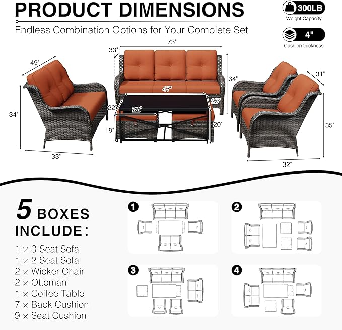 Joyside 7 Piece Wicker Patio Furniture Set, Rattan Patio Chairs with High Back, Deep Seating, Wide Armrest, Thickened Cushions, Outdoor Furniture for Deck, Porch Use