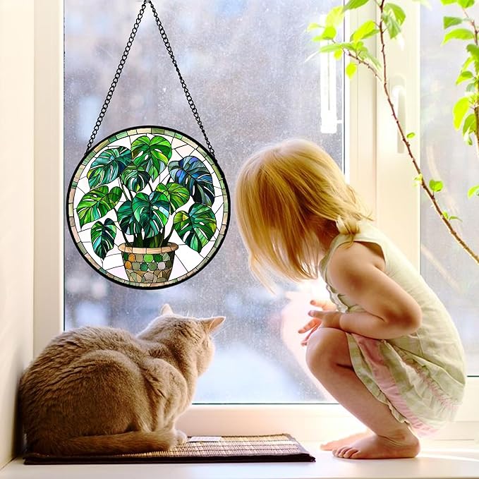 Stained Glass Window Hanging, Green Plant Monstera t Suncatcher Diamond Colorful Glass Panel Sun Catchers Decor for Birthday for Women, Men, Wife, Aunt, and Mom 9.8 in