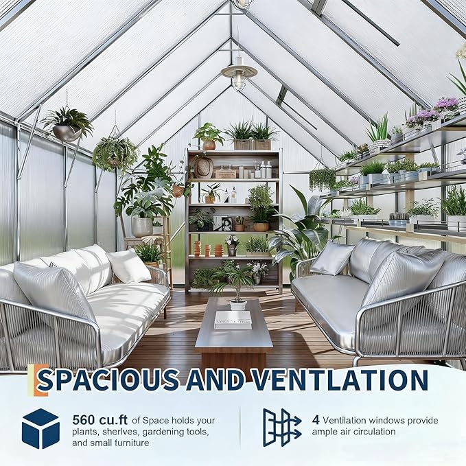 8x12 FT Outdoor Greenhouse, Heavy-Duty Polycarbonate Greenhouses Kit with Reinforced Aluminum Frame, Adjustable Roof Vent & Quick-Connect System for All Seasons & Winter Use