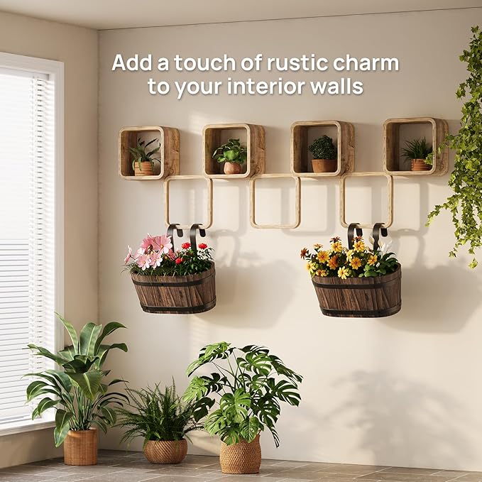 Wooden Hanging Planter for Railing Fence Outdoor Planter Railing Planter Boxes for Plants Wall Planters Window Flower Box Hanging Bucket Pots Countryside Plant Holder (Carbonized,2pcs,Small)