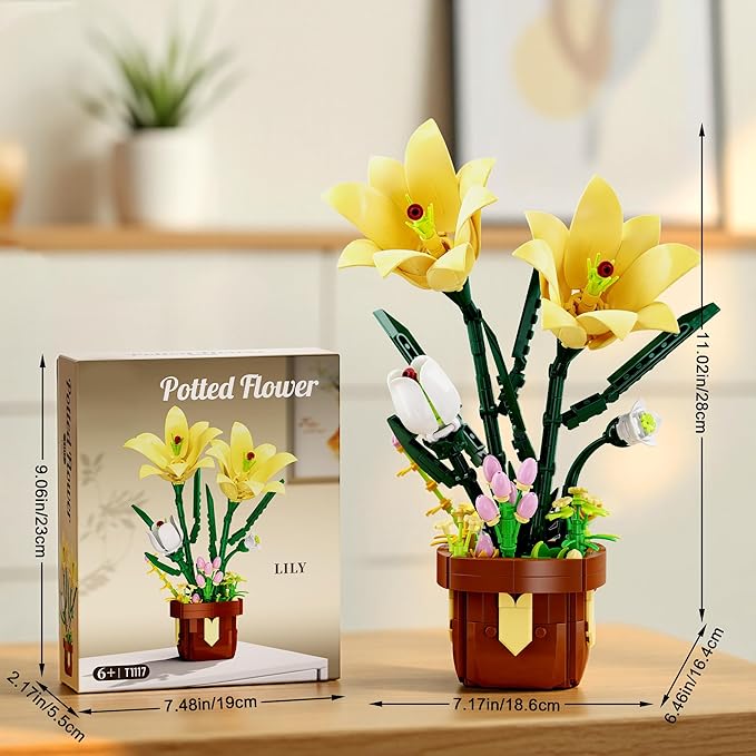 EITOLNR Flowers Botanicals Lily Building Set, Artifical Plants Bonsai Building Blocks Toys for Adults,Indoor Home Office Decor, Valentine Day Birthday Gifts for Women Girls 8-12 (296Pcs)