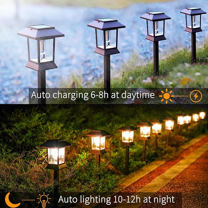 Glosola 6Pack Solar Pathway Lights Outdoor Waterproof IP65, Brown Solar Lights Outdoor with Hook Upgraded 1000mAH Battery, Up to 12Hrs, Auto On/Off, Garden Decor for Yard, Driveway, Walkway (Bulb)