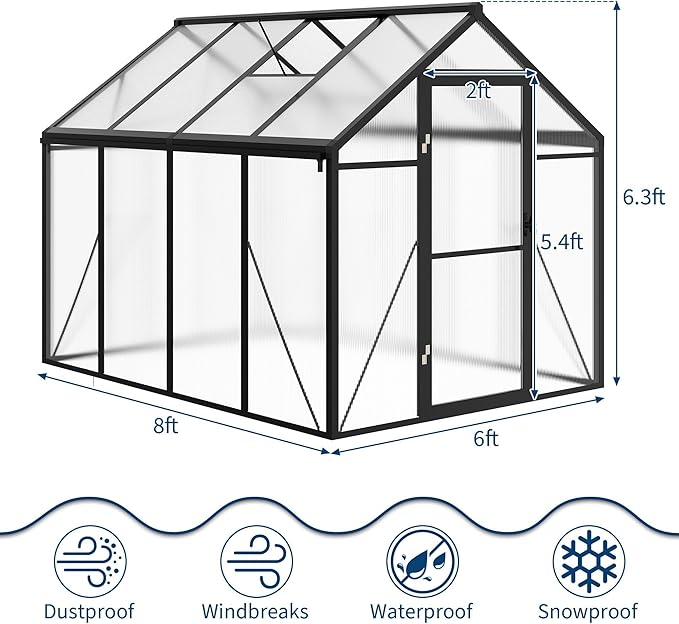 6x8 FT Greenhouse, Polycarbonate Walk-in Greenhouse for Outdoors with Roof Vent & Lockable Outward-Opening Swing Door, Heavy-Duty Aluminum Green House for Garden, Backyard, Patio, Lawn, Dark Grey