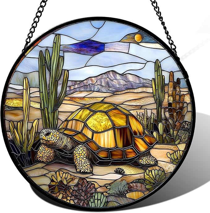 Stained Glass Window Hanging Golden Turtle Cactus Landscape 7.8" - Suncatcher Door Garden Sunroom Sun Catcher Home Decor Birthday Christmas for Mom Men Woman Nana