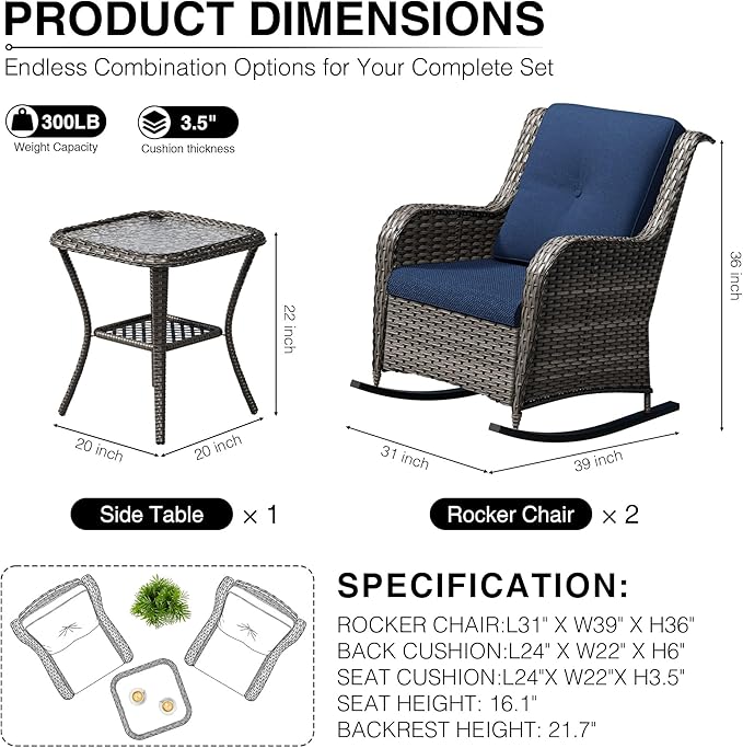 Joyside 3 Piece Wicker Patio Furniture Set, Outdoor Rocking Chair with High Back, Deep Seating, Wide Armrest, Thickened Cushions, Outdoor Rattan Furniture for Deck, Porch Use