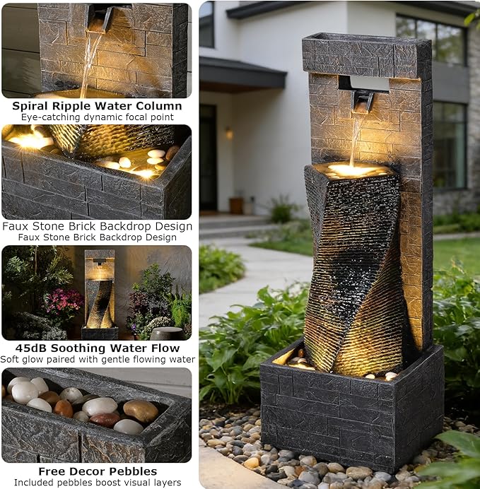 39.8’’ Tall Modern Spiral Waterfall Fountain Outdoor/Indoor Water Fountain Resin Stone-Like Water Feature with LED Lights for Outside, Garden, Patio, Porch, Deck, Backyard, Home Decor