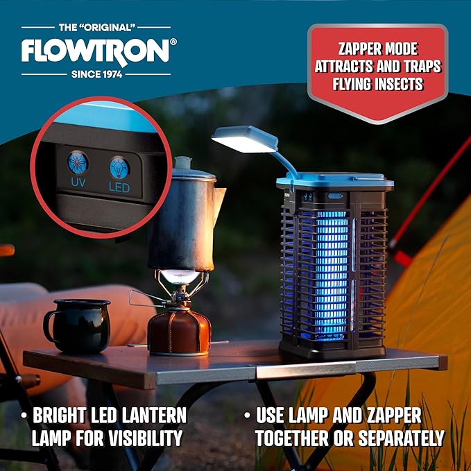 Flowtron Solar Bug Zapper | Portable Electric Insect Killer with UV Light & LED Lamp | USB-C and Solar Charging for 4000 mAh Battery | 530 Sq Ft Coverage from Gnats, Flies for Patio, Yard, Camping