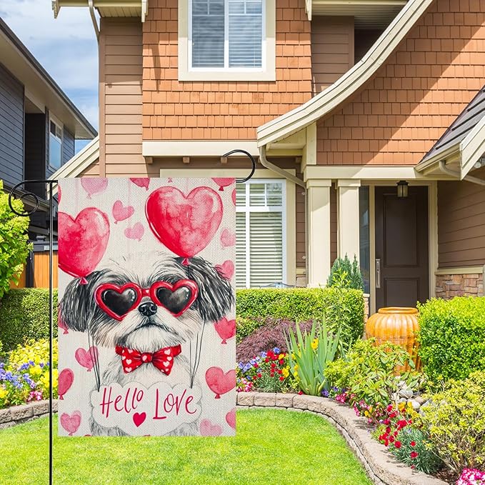 Valentine's Day Shih Tzu Hello Love Garden Flag, House Yard Plaid Love Heart Outside Decoration, Spring Holiday Wedding Anniversary Outdoor Small Decor 12x18(12640)