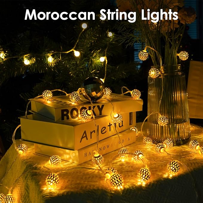 Moroccan String Lights Outdoor Battery Operated, 60 LED 36 FT Globe Fairy Lights with 8 Lighting Modes, String Lights with Timer for Bedroom Party Wedding Garden Classroom Indoor Decor(Warm White)