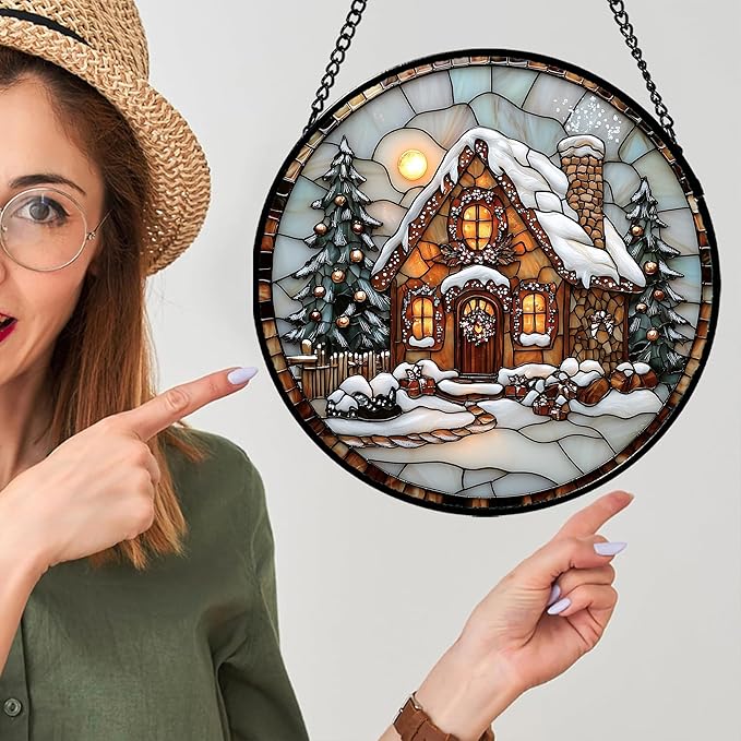 AMDERVEN Stained Glass Window Hanging - Christmas Tree Cottage Sun Catcher for Door Garden Home Winter Decor Snowy Night Suncatcher Mother's Day Birthday Gifts for Women Men Mom Nana 15 in