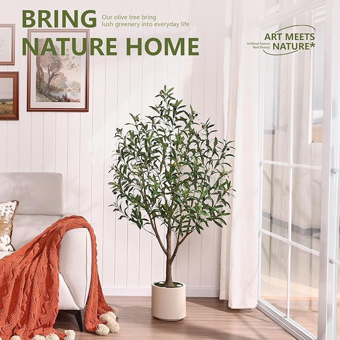 Verinatural Olive Trees Artificial Indoor 5FT - Realistic Fake Plants with Remote LED Spotlights, White Planter - Faux Olive Tree for Home Living Room Office Floor Bedroom Decor,VN214
