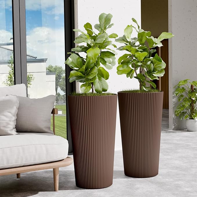 Diyfire Tall Outdoor Planter Front Porch Decor Set of 2-23.6" H Tall Planters for Outdoor Plants with Drainage Hole, Round Conical Design Flower Pots for Indoor/Patio/Garden, Brown