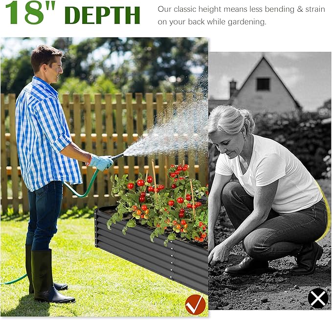 Domi 8x4x1.5ft Metal Raised Garden Beds Outdoor, Thickened Galvanized Steel Deep Root Planter Box with Stabilizing Bars & Rubber Edging for Vegetables, Flowers, Herbs - Dark Gray