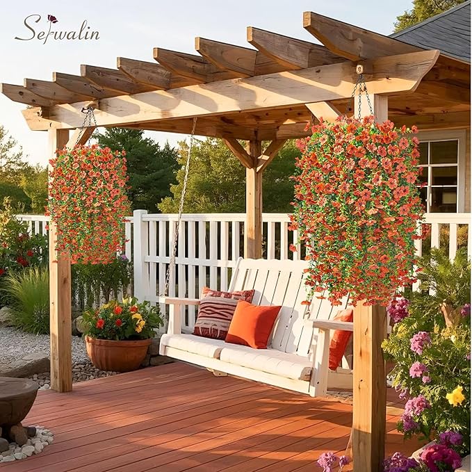 Serwalin 4PCS Artificial Fall Flowers for Outdoors Decoration, Realistic Silk Artificial Fall Hanging Flowers for Patio, Garden, Porch, Window, Outside (Orange,4PCS)