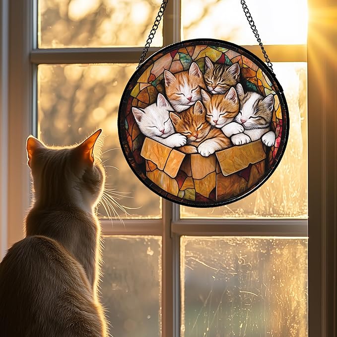 Stained Glass Window Hanging 6 Cute Kittens Large 15" - Cat Gift Suncatcher Door Sun Catcher Decor Birthday Christmas for Lost Pets Mom Men Woman Friend